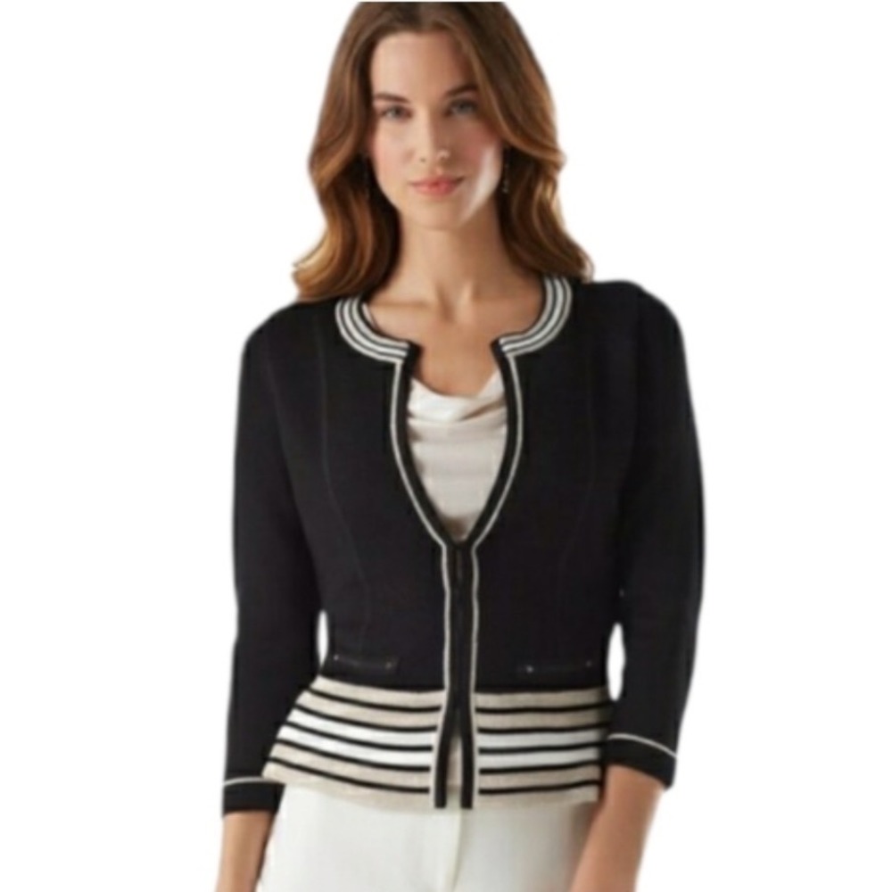 White House Black Market Striped Knit Cardigan Hook Eye  Womens L. 3/4 sleeve
